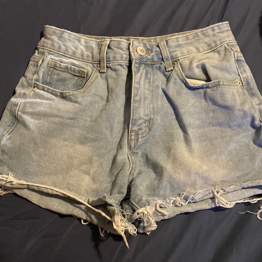 light wash denim smiley shorts